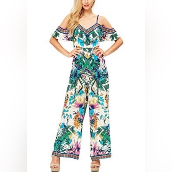 Flying Tomato Pants - FLYING TOMATO BoHo Multi Ruffle Strappy Tropical Jumpsuit size S